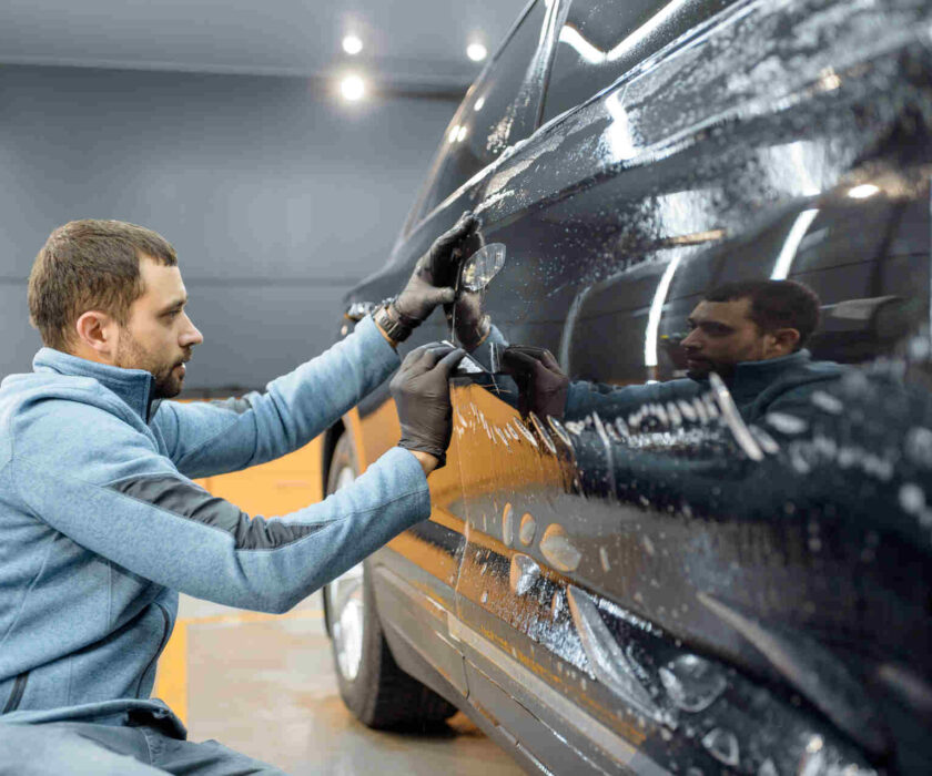 Paint protection film being applied to a car in Denver Colorado